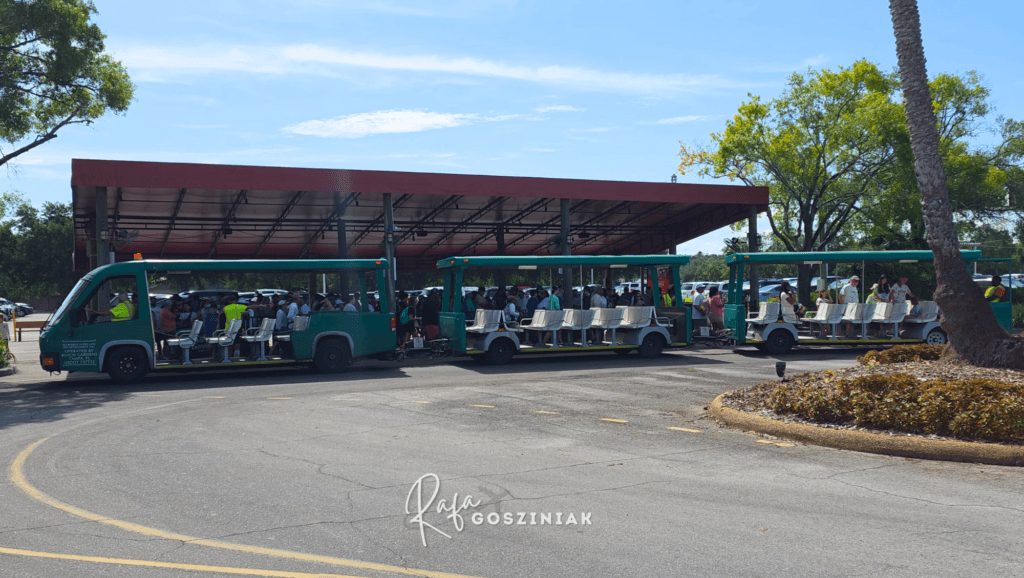 Trams que ligam o estacionamento à entrada do Busch Gardens - Foto: Rafa Gosziniak