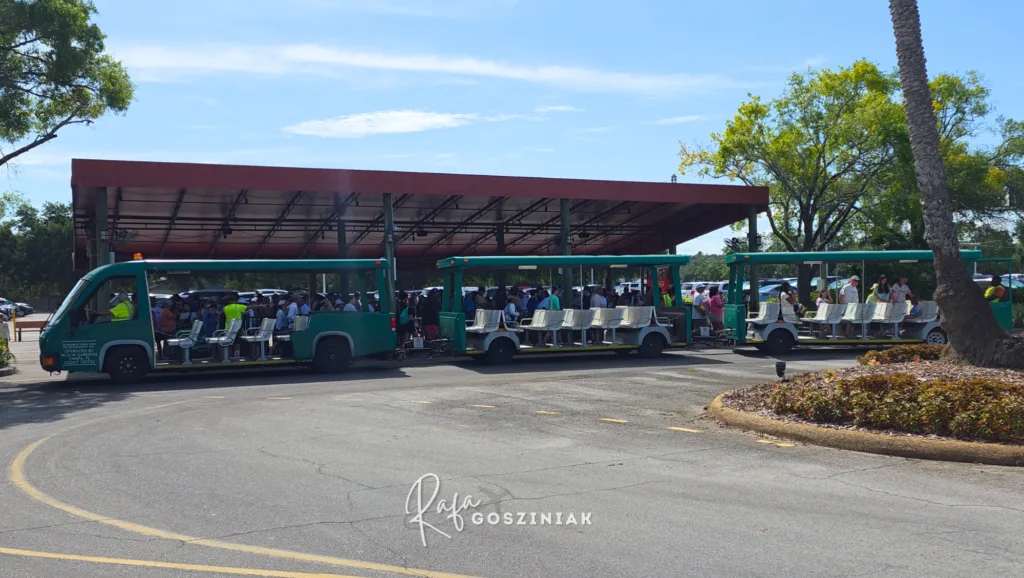 Trams que ligam o estacionamento à entrada do Busch Gardens - Foto: Rafa Gosziniak